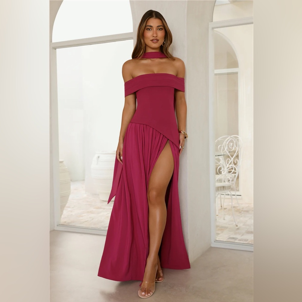 MIDNIGHT ELEGANCE OFF SHOULDER MAXI DRESS